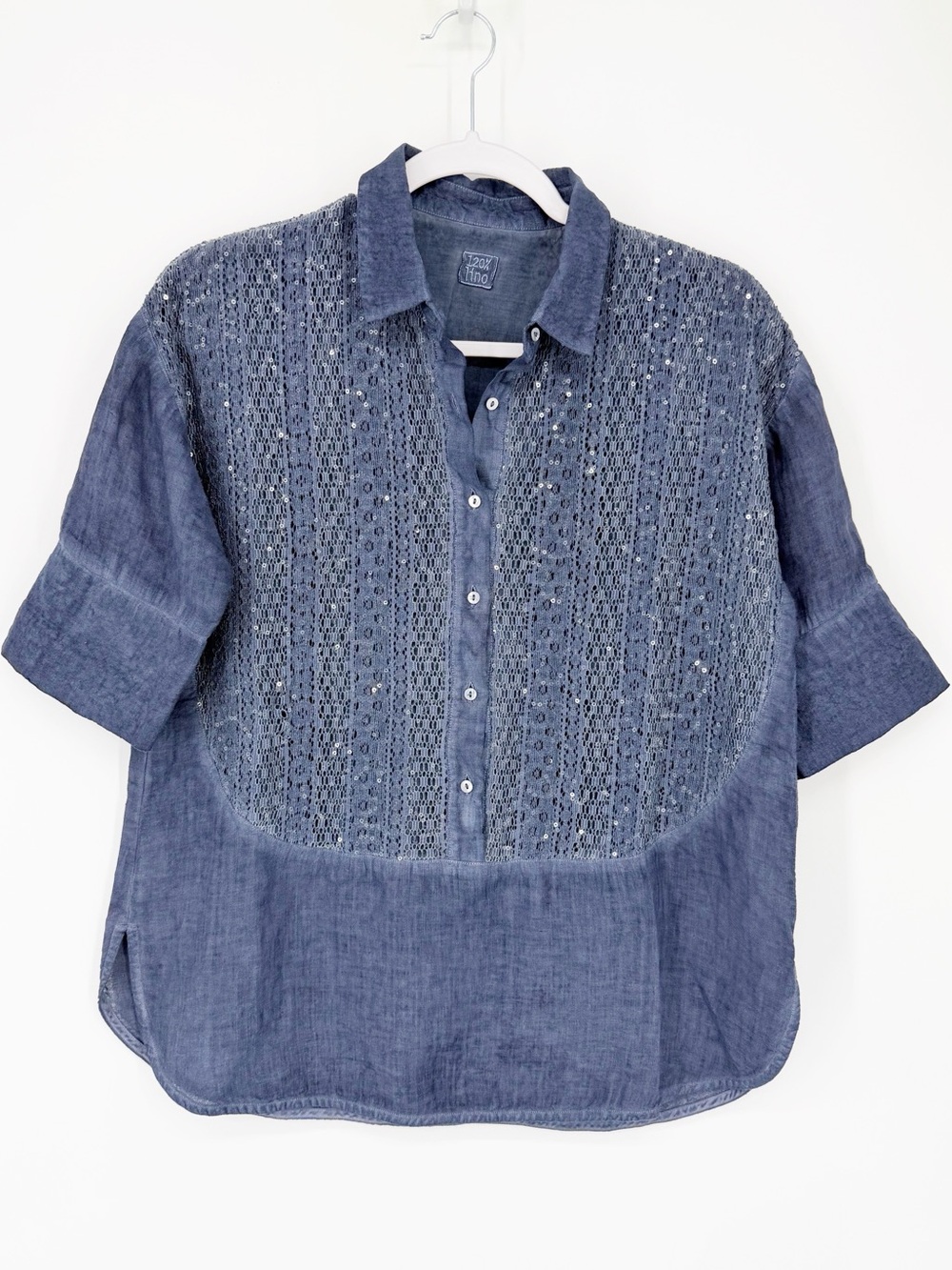 120% Lino Linen Lace Short Sleeve Blouse Sequin Detail Size XS - Picture 1 of 5